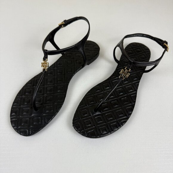 Tory Burch Black Flat Sandals Gold Hardware - Picture 1 of 9